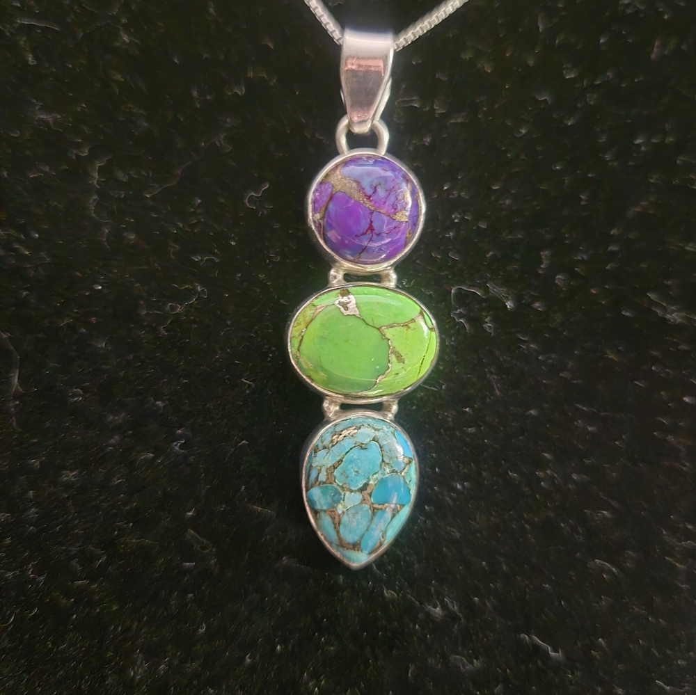 Sterling Silver Pendant with Purple, Green, and Blue Turquoise